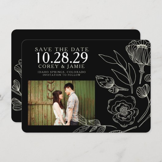 Black Elegant Floral Wedding Save The Date (Voorkant / Achterkant)