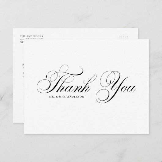 Black Elegant Flourish Script Weddenschap Bedankt Briefkaart (Voorkant / Achterkant)
