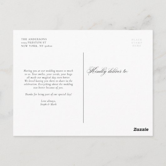 Black Elegant Flourish Script Weddenschap Bedankt Briefkaart (Achterkant)