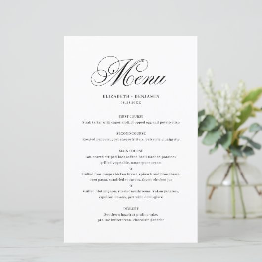 Black Elegant Flourish Script Wedding Menu Card (Staand voorkant)