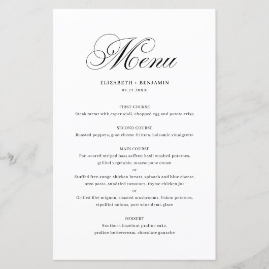 Black Elegant Flourish Script Wedding Menu Card (Voorkant)