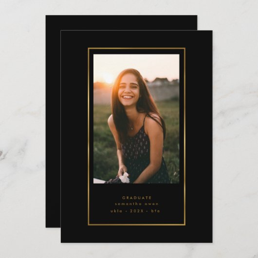 Black Elegant Folie Border Photo University Afstud Aankondiging (Voorkant / Achterkant)