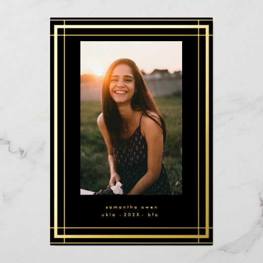 Black Elegant Folie Border Photo University Afstud Uitnodiging (Voorkant)
