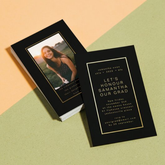 Black Elegant Gold Border Photo University Afstude Folie Uitnodiging