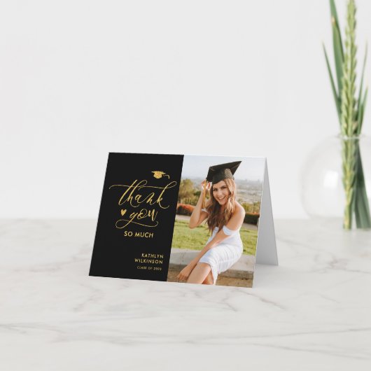 Black Elegant Gold Glitter Script Photo Afstuderen Bedankkaart (Voorkant)