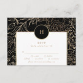 Black Elegant Gold Monogram Wreath Wedding RSVP Kaartje (Voorkant)