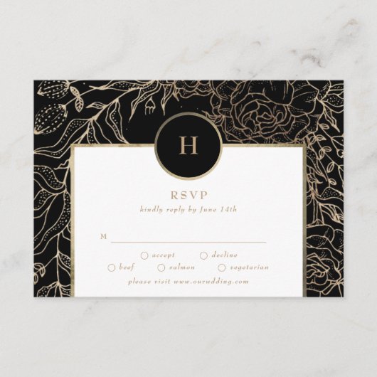 Black Elegant Gold Monogram Wreath Wedding RSVP Kaartje (Voorkant)