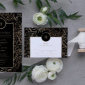 Black Elegant Gold Monogram Wreath Wedding RSVP Kaartje
