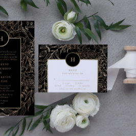 Black Elegant Gold Monogram Wreath Wedding RSVP Kaartje