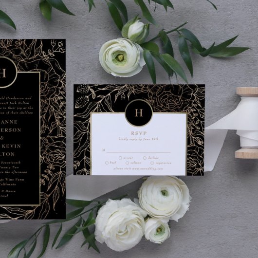 Black Elegant Gold Monogram Wreath Wedding RSVP Kaartje