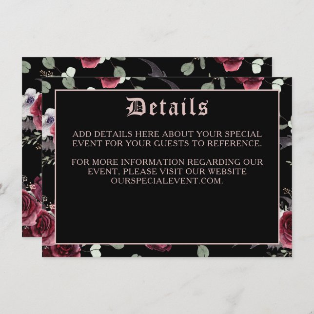 Black Elegant Gothic Bat and Roos Enclosure Card (Voorkant / Achterkant)