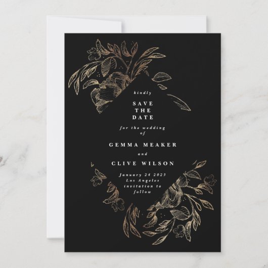 Black Elegant Hand Drawn Botanical Wedding Photo Save The Date (Voorkant)