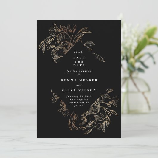 Black Elegant Hand Drawn Botanical Wedding Photo Save The Date (Staand voorkant)