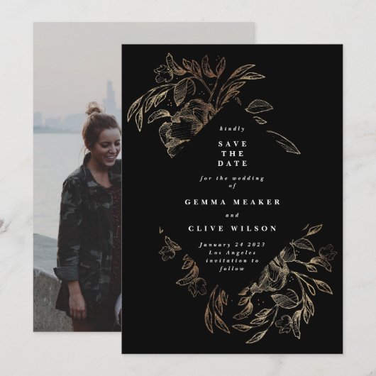 Black Elegant Hand Drawn Botanical Wedding Photo Save The Date (Voorkant / Achterkant)