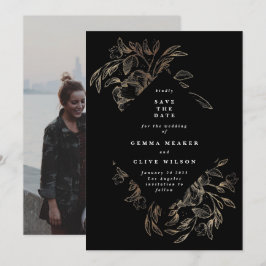 Black Elegant Hand Drawn Botanical Wedding Photo Save The Date