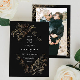 Black Elegant Hand Drawn Botanical Wedding Photo Save The Date