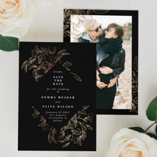 Black Elegant Hand Drawn Botanical Wedding Photo Save The Date