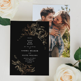 Black Elegant Hand Drawn Botanical Wedding Photo Save The Date