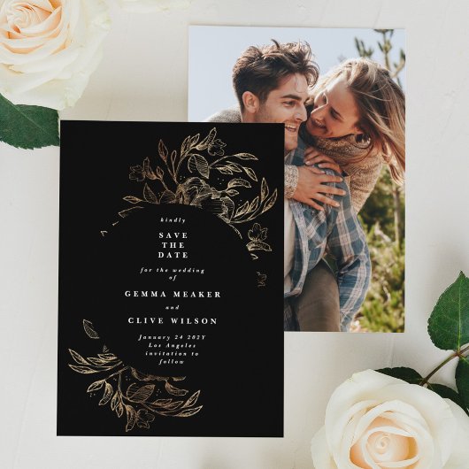 Black Elegant Hand Drawn Botanical Wedding Photo Save The Date