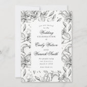 Black Elegant Hand Drawn Floral Wedding Invitation Kaart (Voorkant)