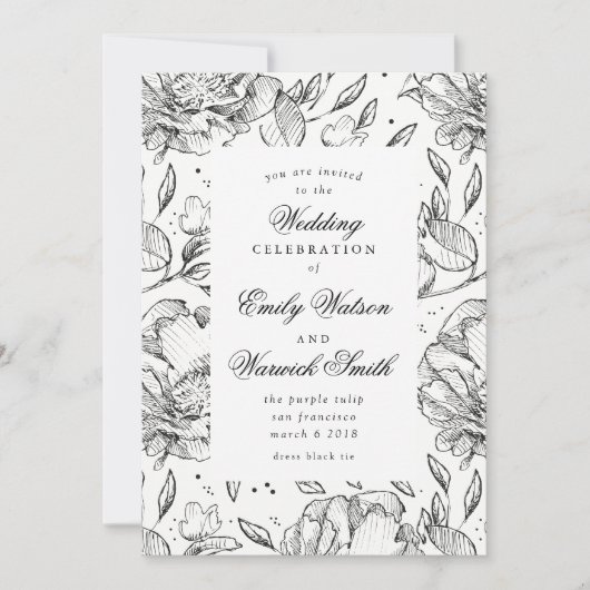 Black Elegant Hand Drawn Floral Wedding Invitation Kaart (Voorkant)