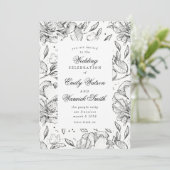 Black Elegant Hand Drawn Floral Wedding Invitation Kaart (Staand voorkant)