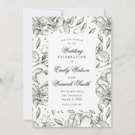 Black Elegant Hand Drawn Floral Wedding Invitation Kaart