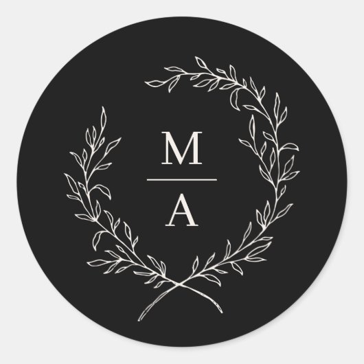 Black Elegant Laurel Wreath Monogram Ronde Sticker (Voorkant)