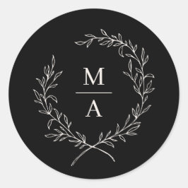 Black Elegant Laurel Wreath Monogram Ronde Sticker