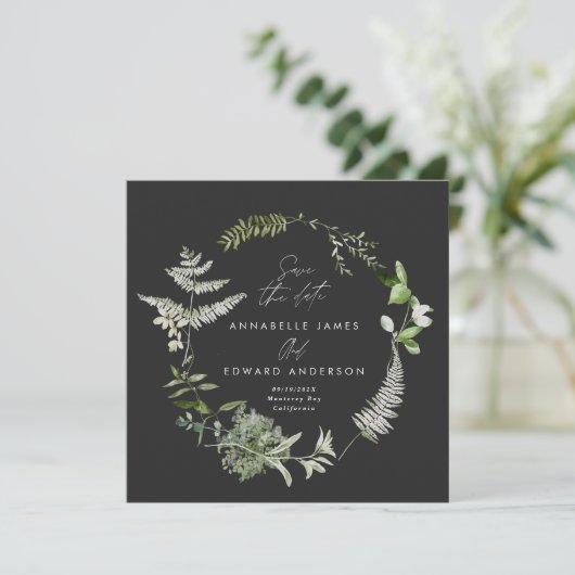 Black elegant modern botanical script wedding save the date (Staand voorkant)
