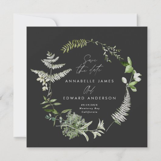 Black elegant modern botanical script wedding save the date (Voorkant)