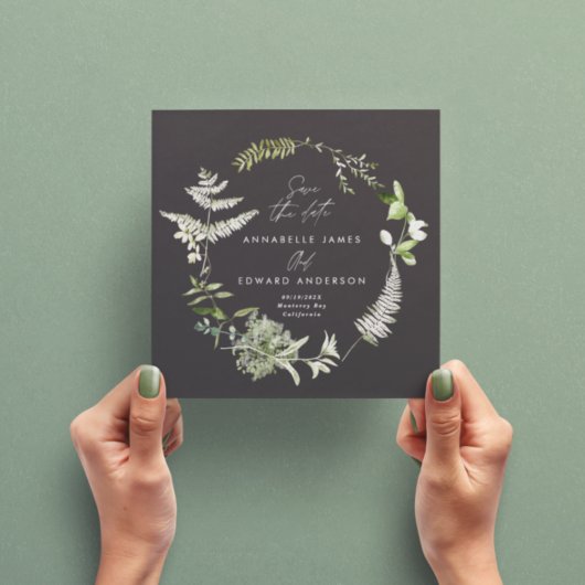 Black elegant modern botanical script wedding save the date