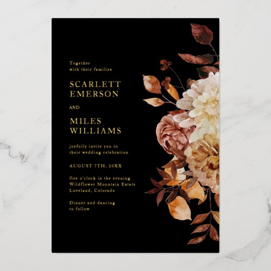 Black Elegant Modern Gold Foil Wedding Folie Uitnodiging (Voorkant)