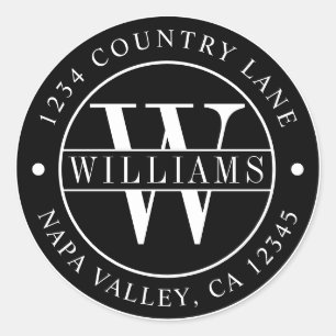 Black Elegant Monogram Return Address Ronde Sticker