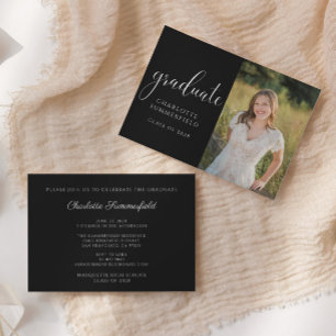Black Elegant Script Afstuderen Photo Invitation Kaart