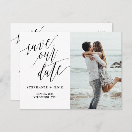 Black Elegant Script Invitation Aankondigingskaart (Voorkant / Achterkant)