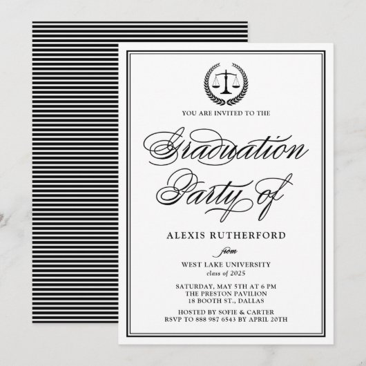 Black Elegant Script Law School Graduation Party Kaart (Voorkant / Achterkant)