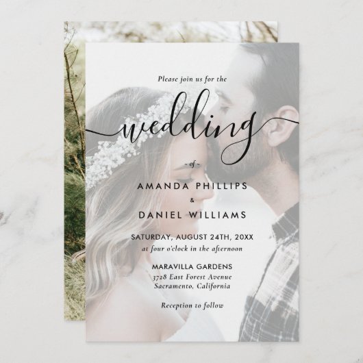 Black Elegant Script Photo Wedding Kaart (Voorkant / Achterkant)