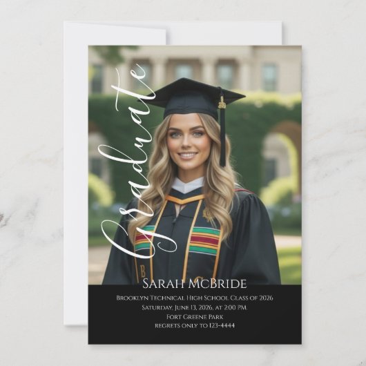 Black Elegant script simple one photo graduation Kaart (Voorkant)