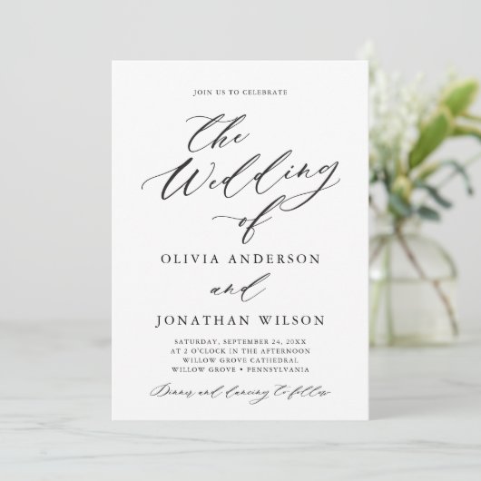 Black Elegant Script Typography Front Only Invitat Kaart (Staand voorkant)