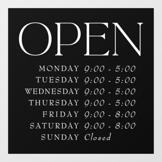 Black Elegant Serif Retail Open Sign Store Uren Raamsticker (Vel)
