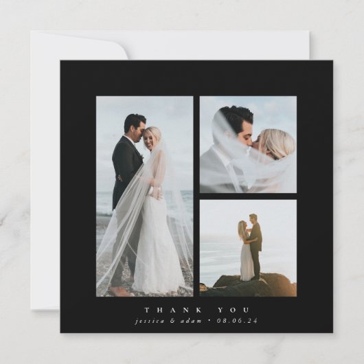 Black Elegant Square Three Photo Wedding Bedankkaart (Voorkant)