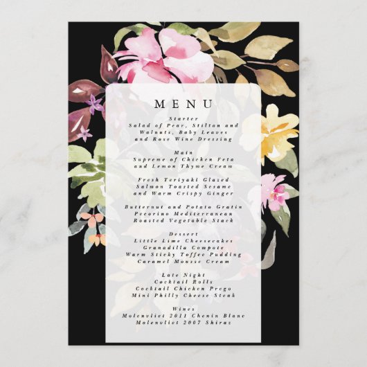 Black Elegant Waterverf Beauely Wedding Menu (Voorkant)