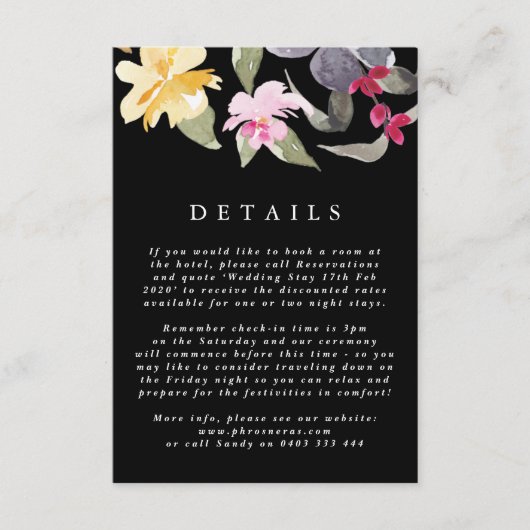 Black Elegant Waterverf Beauful Wedding-details Informatiekaartje (Voorkant)