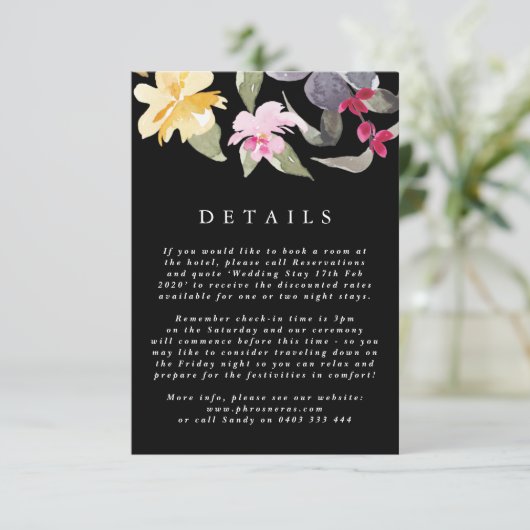 Black Elegant Waterverf Beauful Wedding-details Informatiekaartje (Staand voorkant)