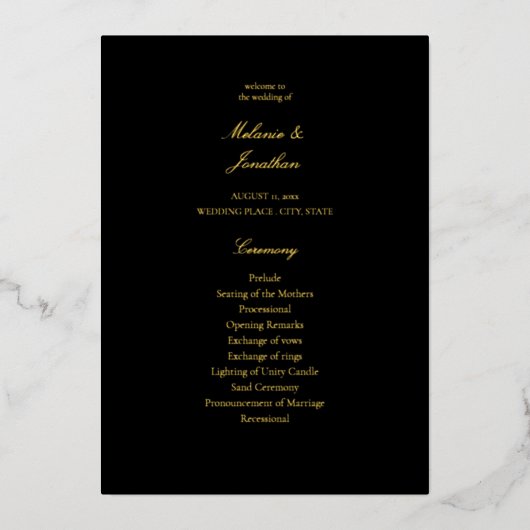 Black Elegant Wedding Ceremony Program Folie Uitnodiging (Voorkant)
