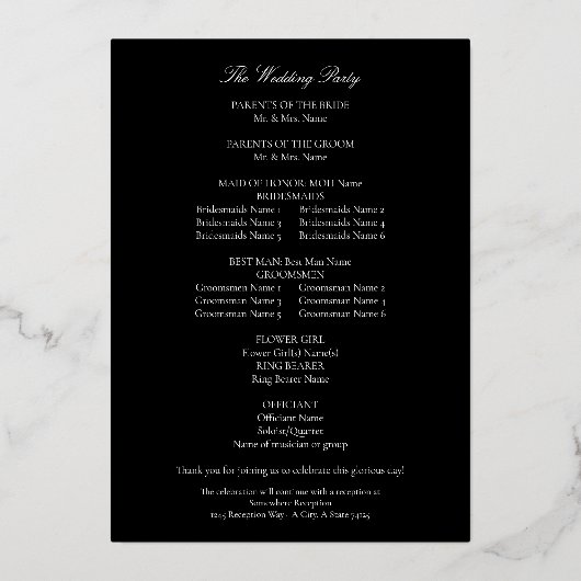 Black Elegant Wedding Ceremony Program Folie Uitnodiging (Achterkant)