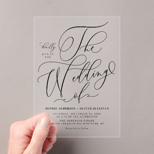 Black Elegant Whimsical Calligraphy Wedding Acryl Uitnodigingen (Insitu (Draagbaar))