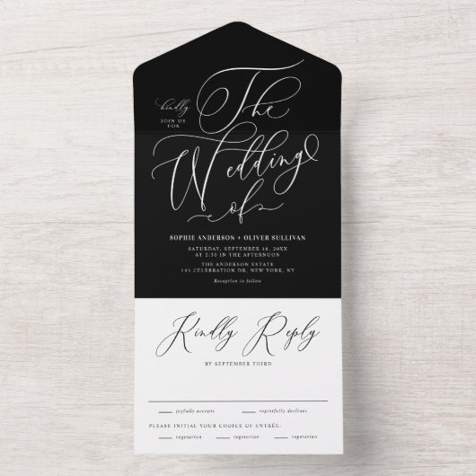 Black Elegant Whimsical Calligraphy Wedding All In One Uitnodiging (Binnen)