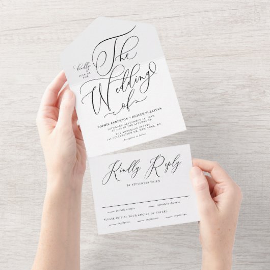 Black Elegant Whimsical Calligraphy Wedding All In One Uitnodiging (Afscheurbaar)
